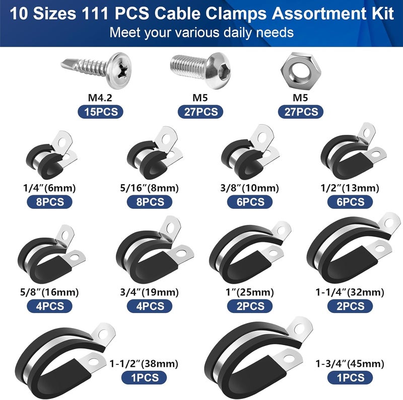 Comkrivy 111 Pcs Cable Clamps - 10 Size Pipe Clamps Assortment Kit 304 Stainless Steel Rubber Cushion Wire Clamp 1/4" 5/16" 3/8" 1/2" 5/8" 3/4" 1" 1-1/4" 1-1/2" Metal P Clamp for Securing Cables and Hoses - Image 2